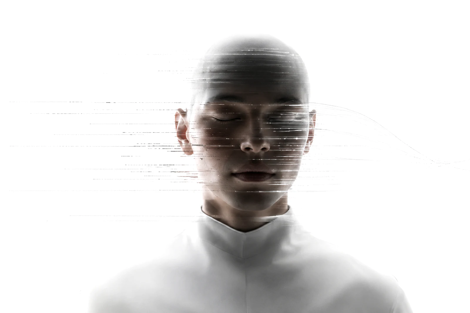 Signal entering as scattered noise, passing through a figure, and converging to a single thread